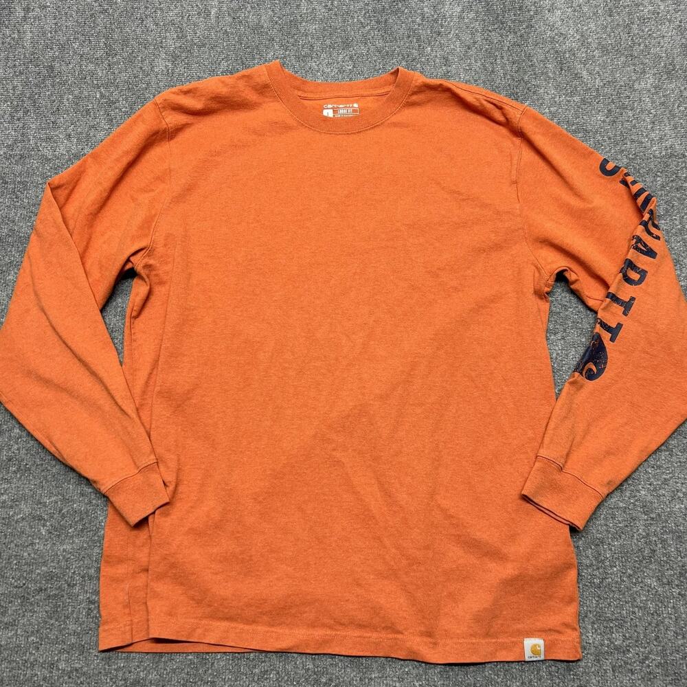 Carhartt Shirt Mens Large Orange Long Sleeve Loose Fit Logo Sleeve Tee Workwear